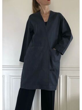 COS Navy Minimalist Cotton/Linen Open-Front Trench Coat Medium GUC (See all pic)